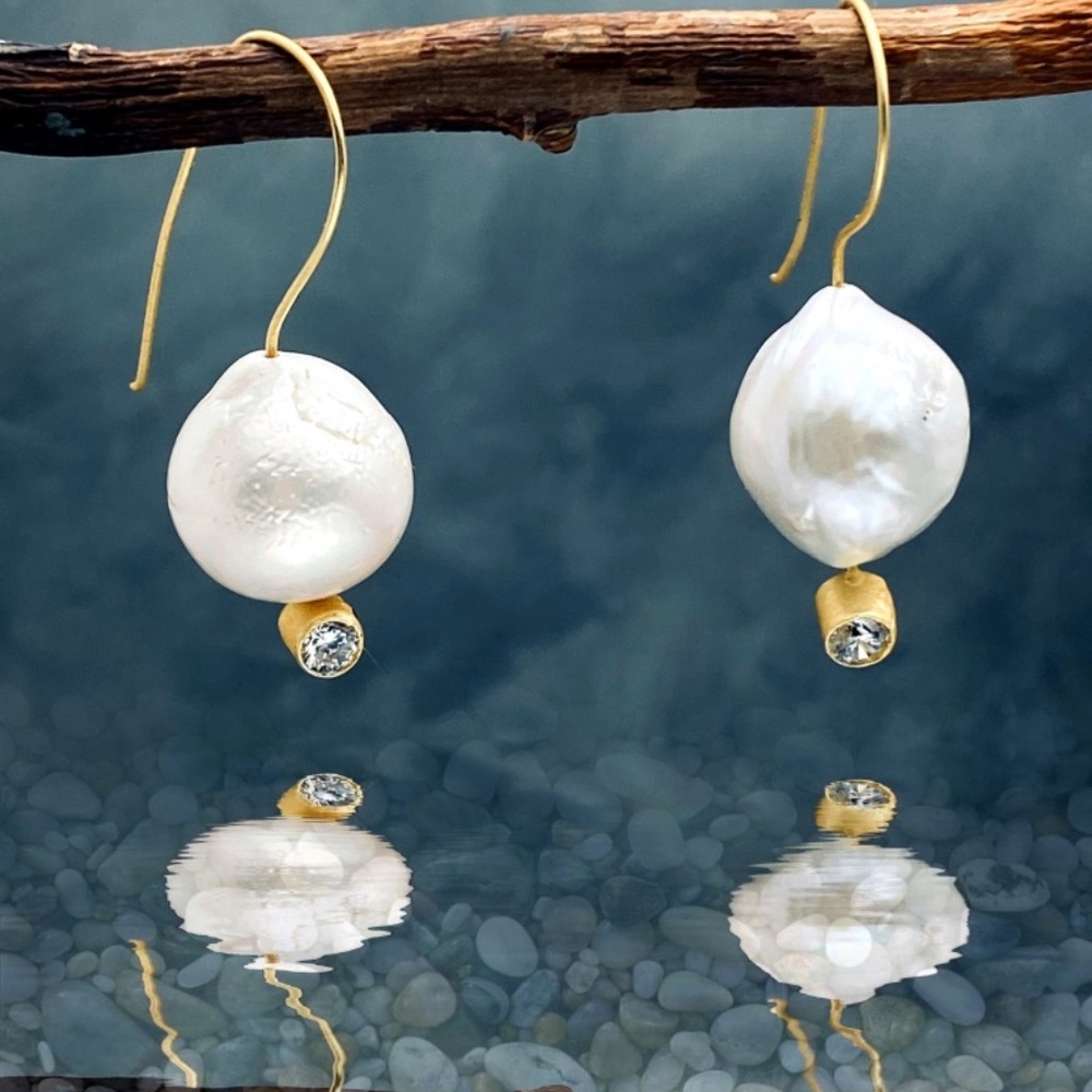 Baroque Pearl Dangle Earrings 24K Gold Plated CZ Handmade Artisan - Picture 3 of 8